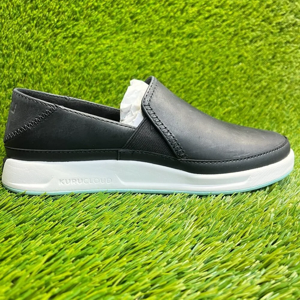 KURU Black Leather Slip-On Loafers with White Sole